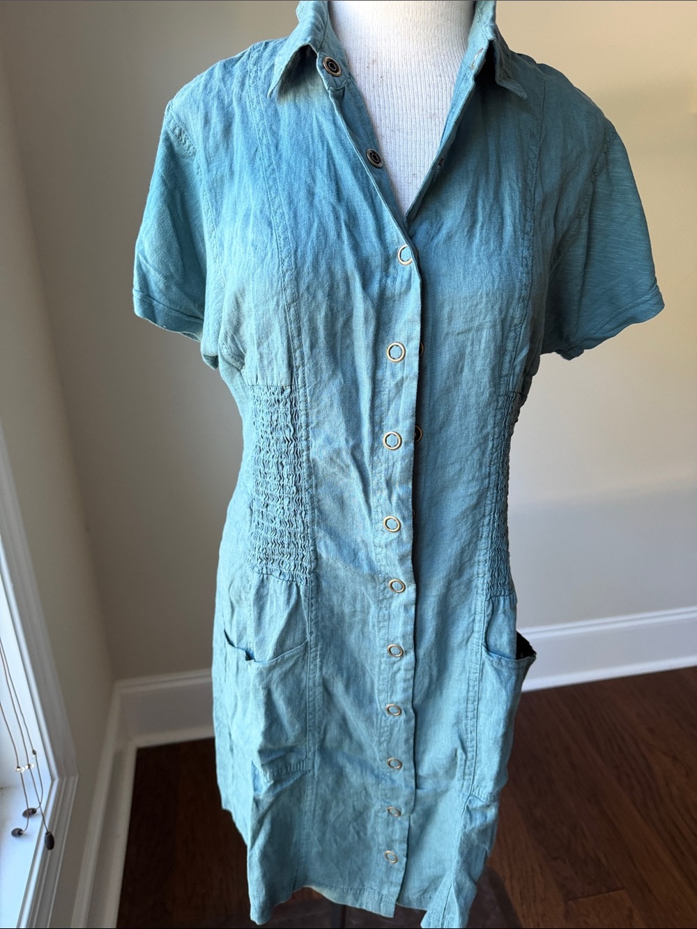 XCVI Teal Button-Front Short Sleeve Shirt Dress